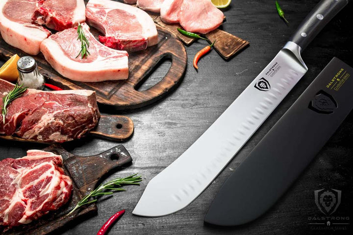 Dalstrong gladiator series 10 inch bull nose butcher knife with black handle and different cuts of meat on the side.
