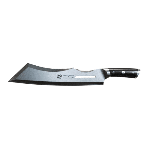 Dalstrong gladiator 14 inch annihilator claaver knife with black handle in all angles.