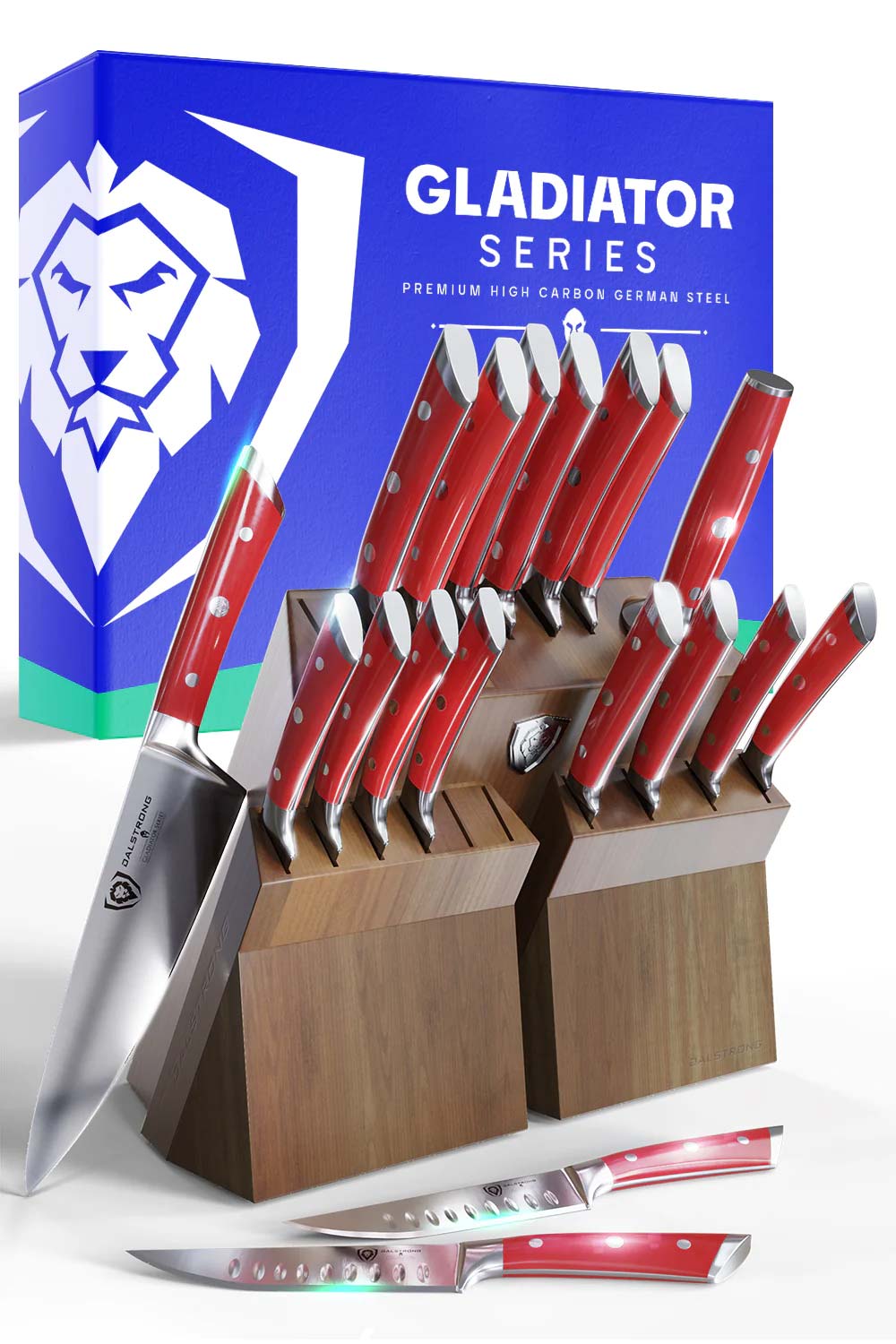 Dalstrong gladiator series 18 piece knife set with red handles and block in front of it's premium packaging.