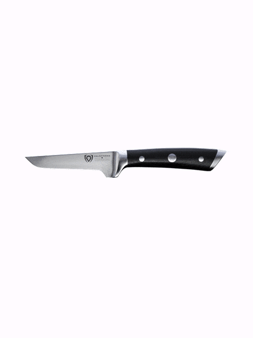 Dalstrong gladiator series 3.75 inch boning knife with black handle in all angles.