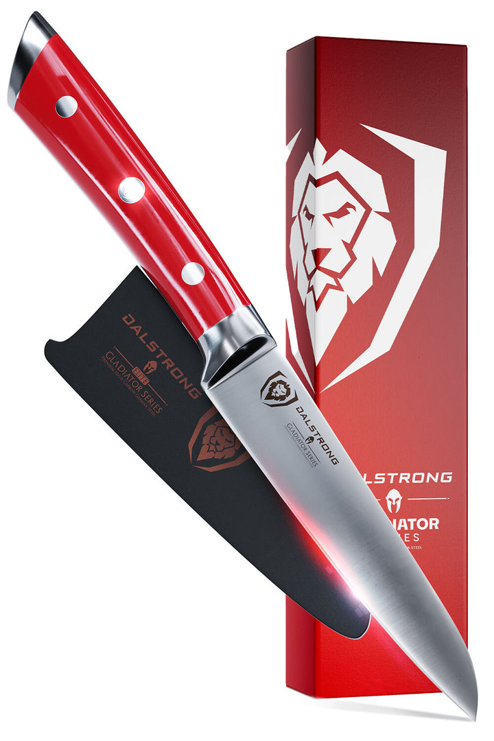 Dalstrong gladiator series 3.5 inch paring knife with red handle in front of it's premium packaging.