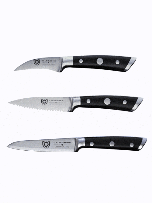 Dalstrong gladiator series 3 piece paring knife set with black handles in all angles.