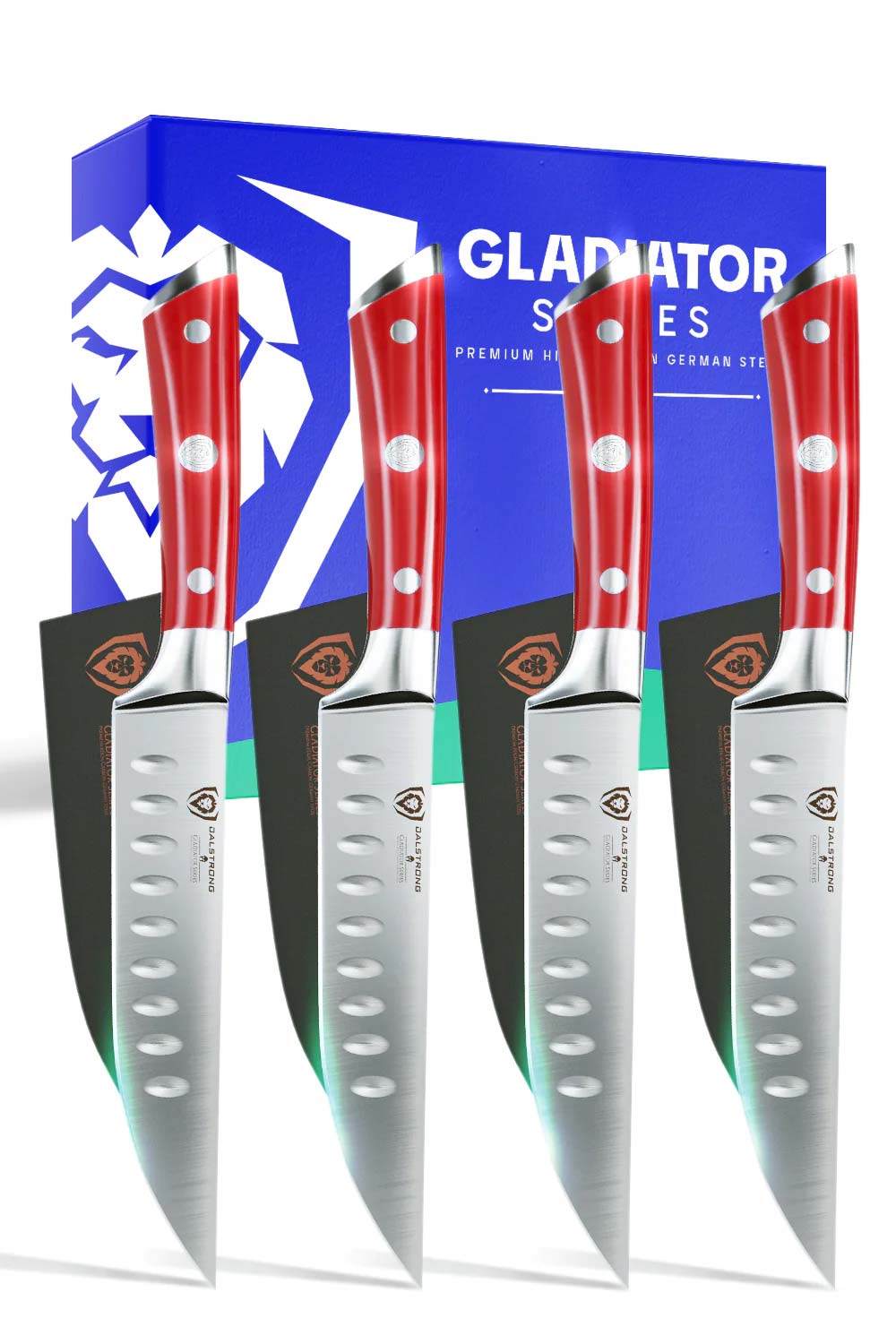 Dalstrong gladiator series 4 piece steak knife set with red handles in front of it's premium packaging.