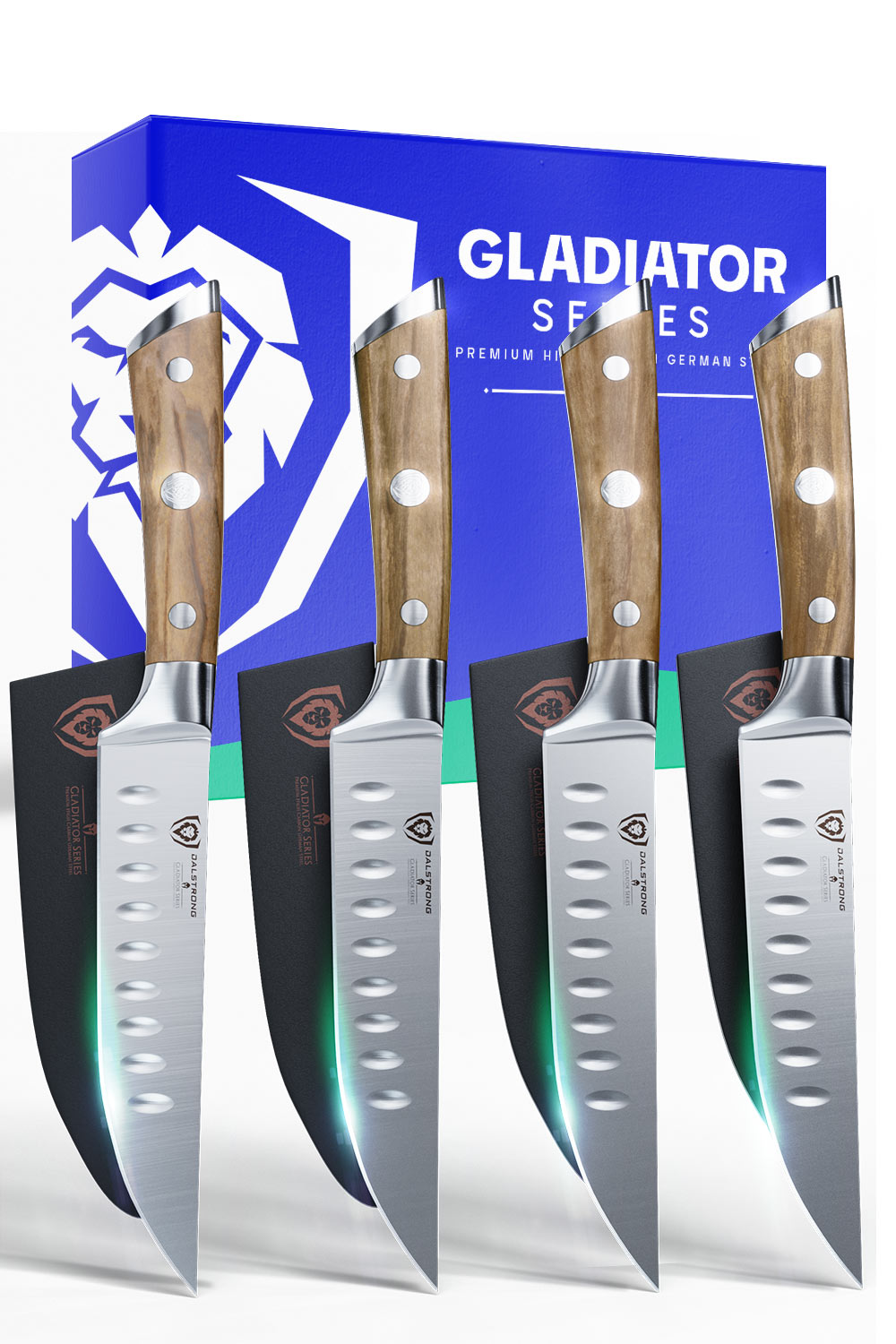 Dalstrong gladiator series 4 piece steak knife set with olive wood handle in front of it's premium packaging.