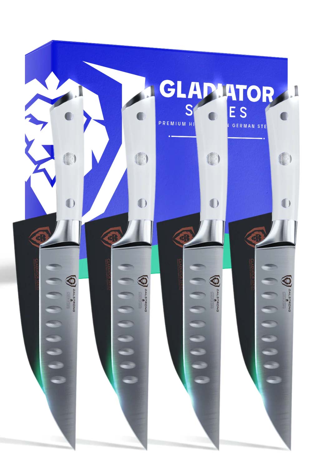 Dalstrong gladiator series 4 piece steak knife set with white handles in front of it's premium packaging.
