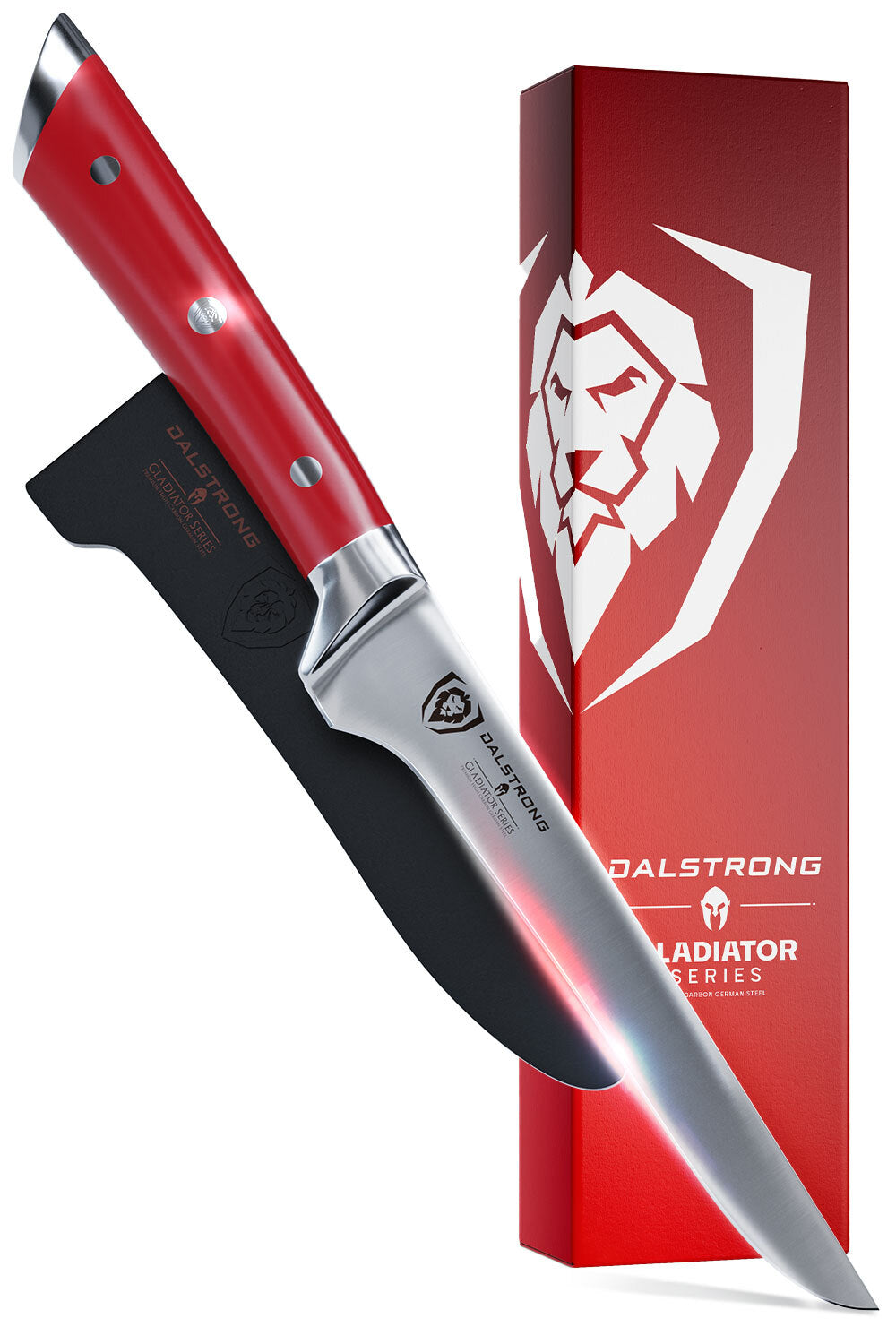 Dalstrong gladiator series 6 inch boning knife with red handle in front of it's premium packaging.