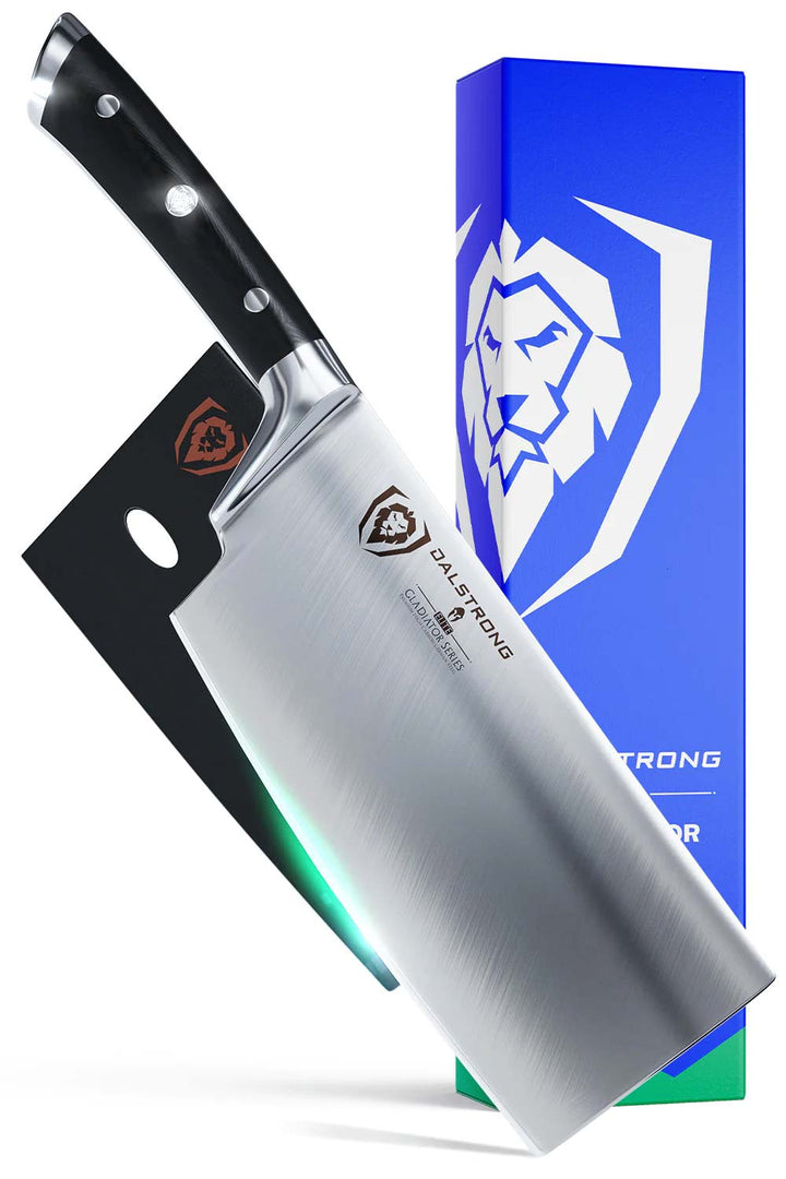 Dalstrong gladiator series 7 inch cleaver knife with black handle in front of it's premium packaging.