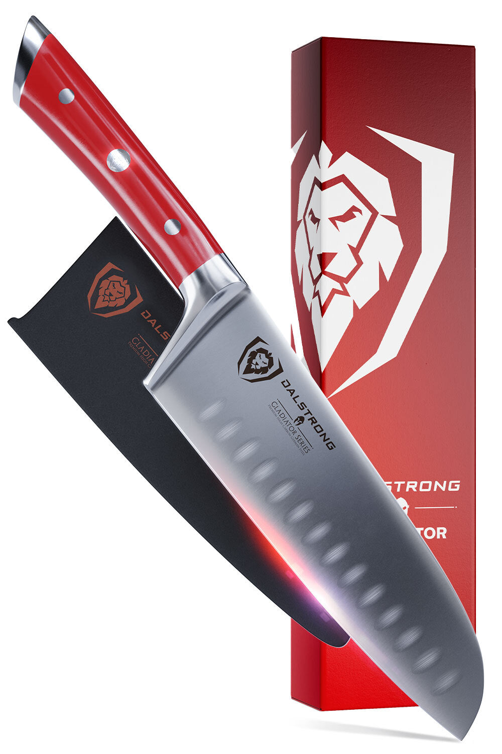 Dalstrong gladiator series 7 inch santoku knife with red handle in front of it's premium packaging.