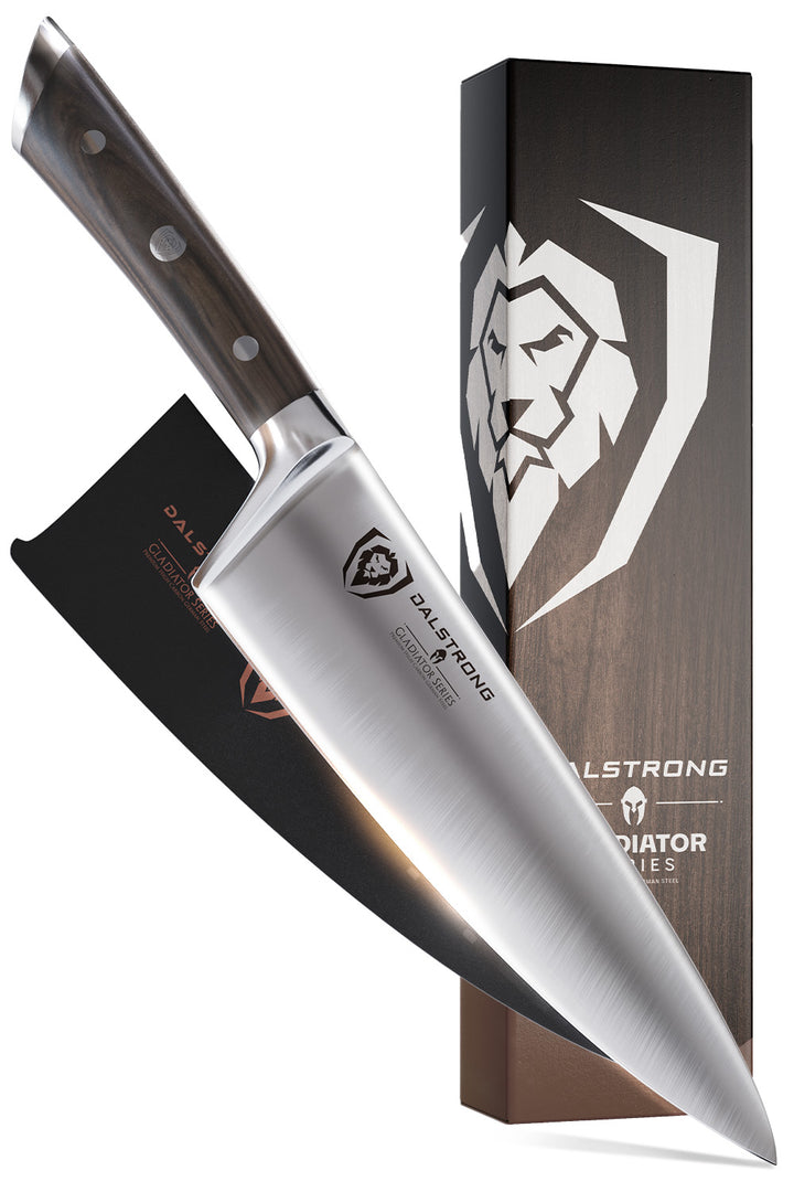Dalstrong gladiator series 8 inch chef knife with faux wood handle in front of it's premium packaging.