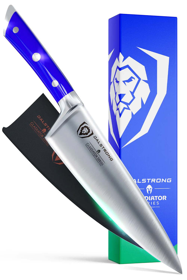 Dalstrong gladiator series 8 inch chef knife with blue handle in front of it's premium packaging.
