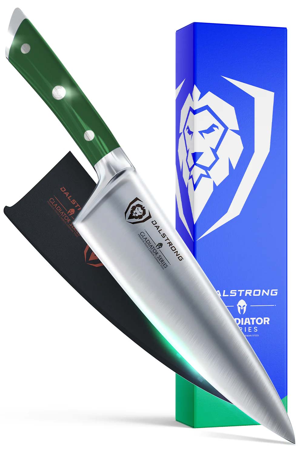 Dalstrong gladiator series 8 inch chef knife with green handl in front of it's premium packaging.