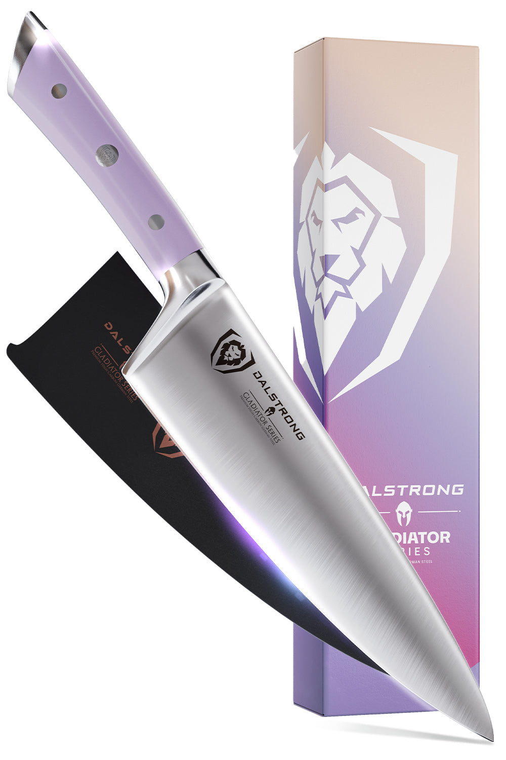 Dalstrong gladiator series 8 inch chef knife with lilac handle in front of it's premium packaging.