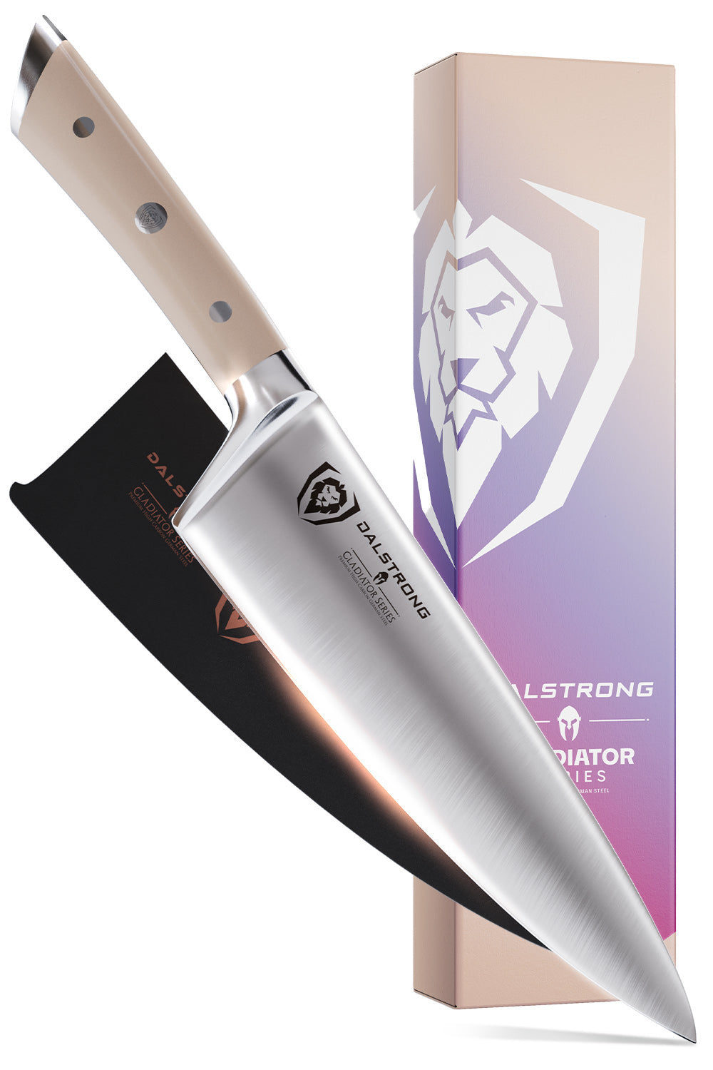 Dalstrong gladiator series 8 inch chef knife with peach handle in front of it's premium packaging.