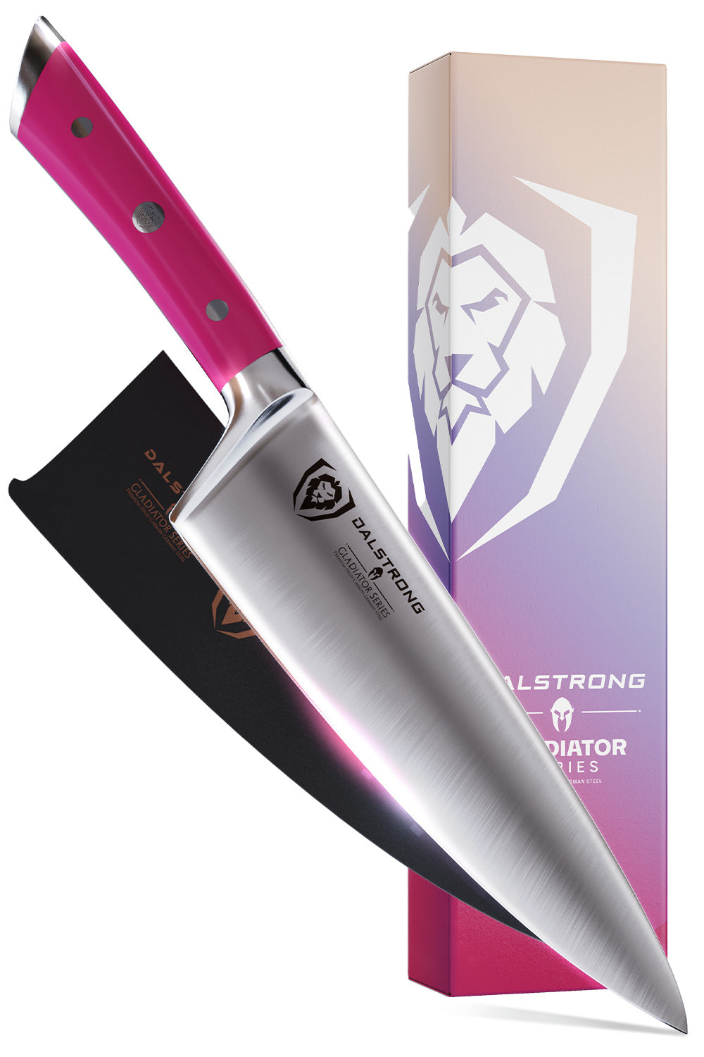Dalstrong gladiator series 8 inch chef knife with fushia handle in front of it's premium packaging.