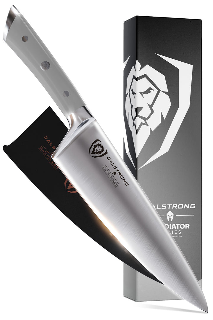 Dalstrong gladiator series 8 inch chef knife with grey handle in front of it's premium packaging.