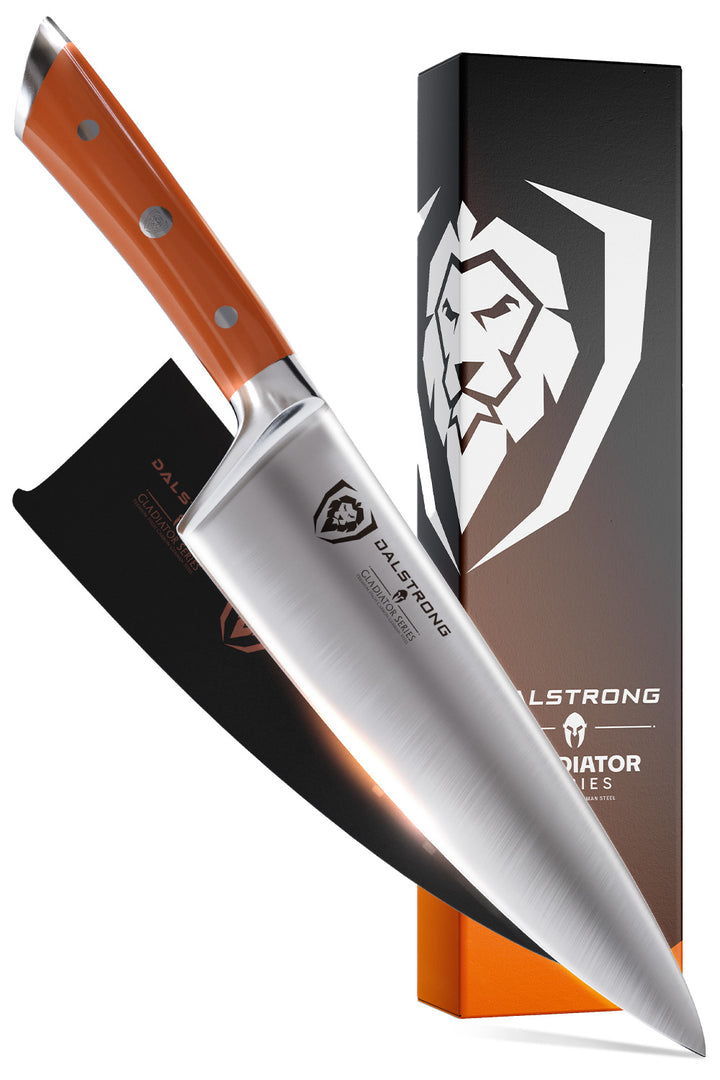 Dalstrong gladiator series 8 inch chef knife with orange handle in front of it's premium packaging.