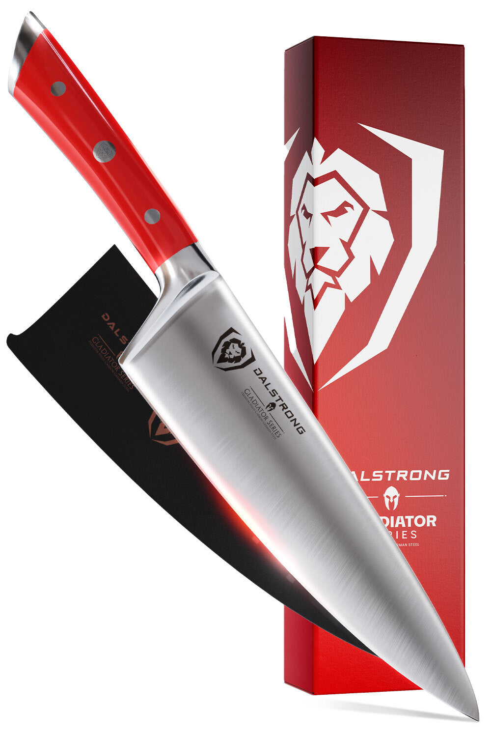 Dalstrong gladiator series 8 inch chef knife with red handle in front of it's premium packaging.