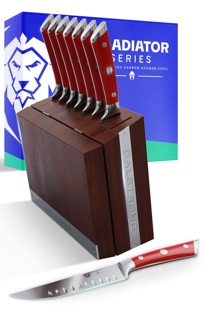 Dalstrong gladiator series 8 piece steak knife set with red handles in front of it's premium packaging.