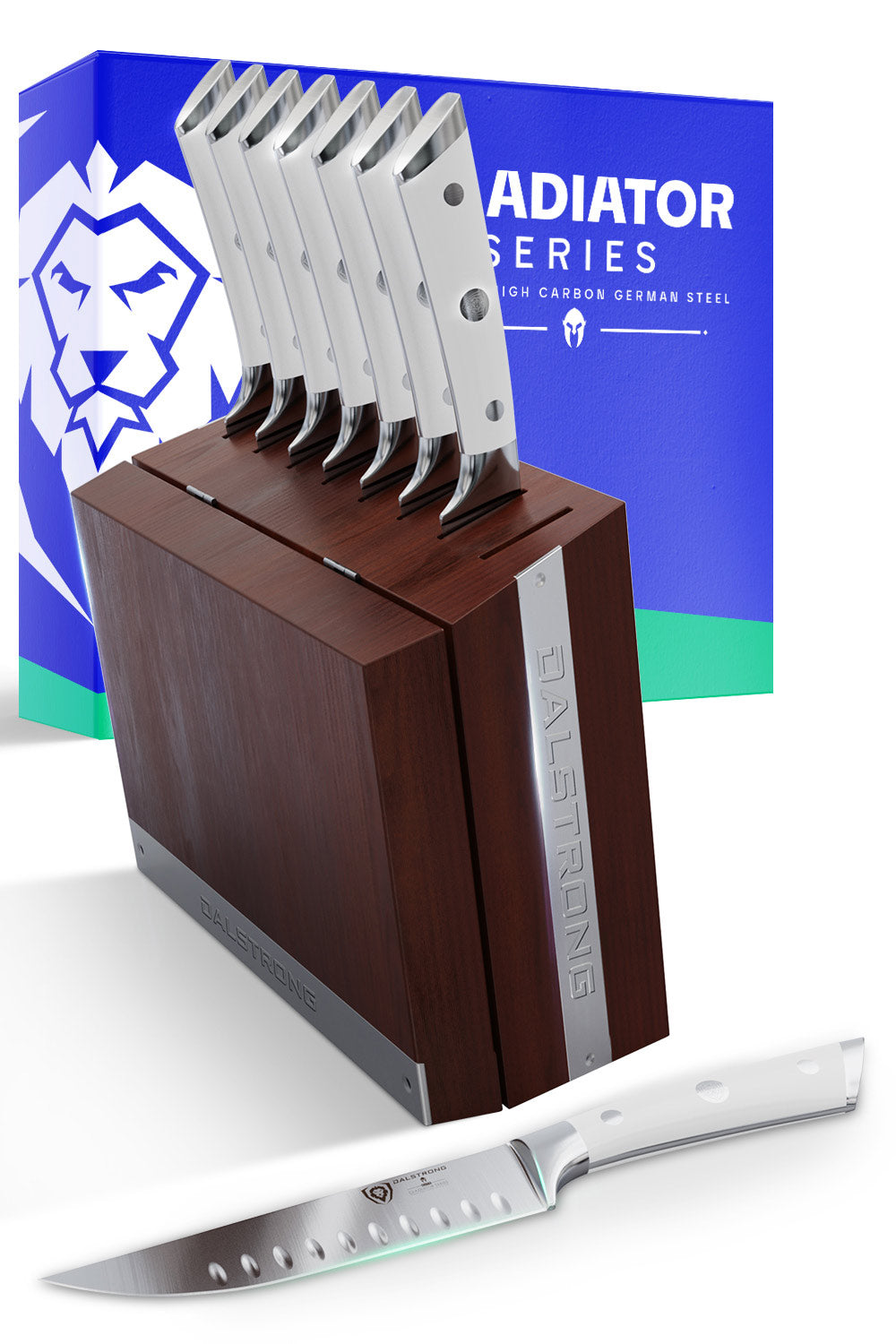 Dalstrong gladiator 8 piece steak knife set with white handles and block in front of it's premium packaging.