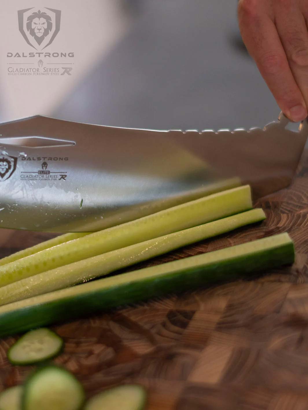 Dalstrong gladiator series 12 inch rocking cleaver knife slicing a green herb on a cutting board.