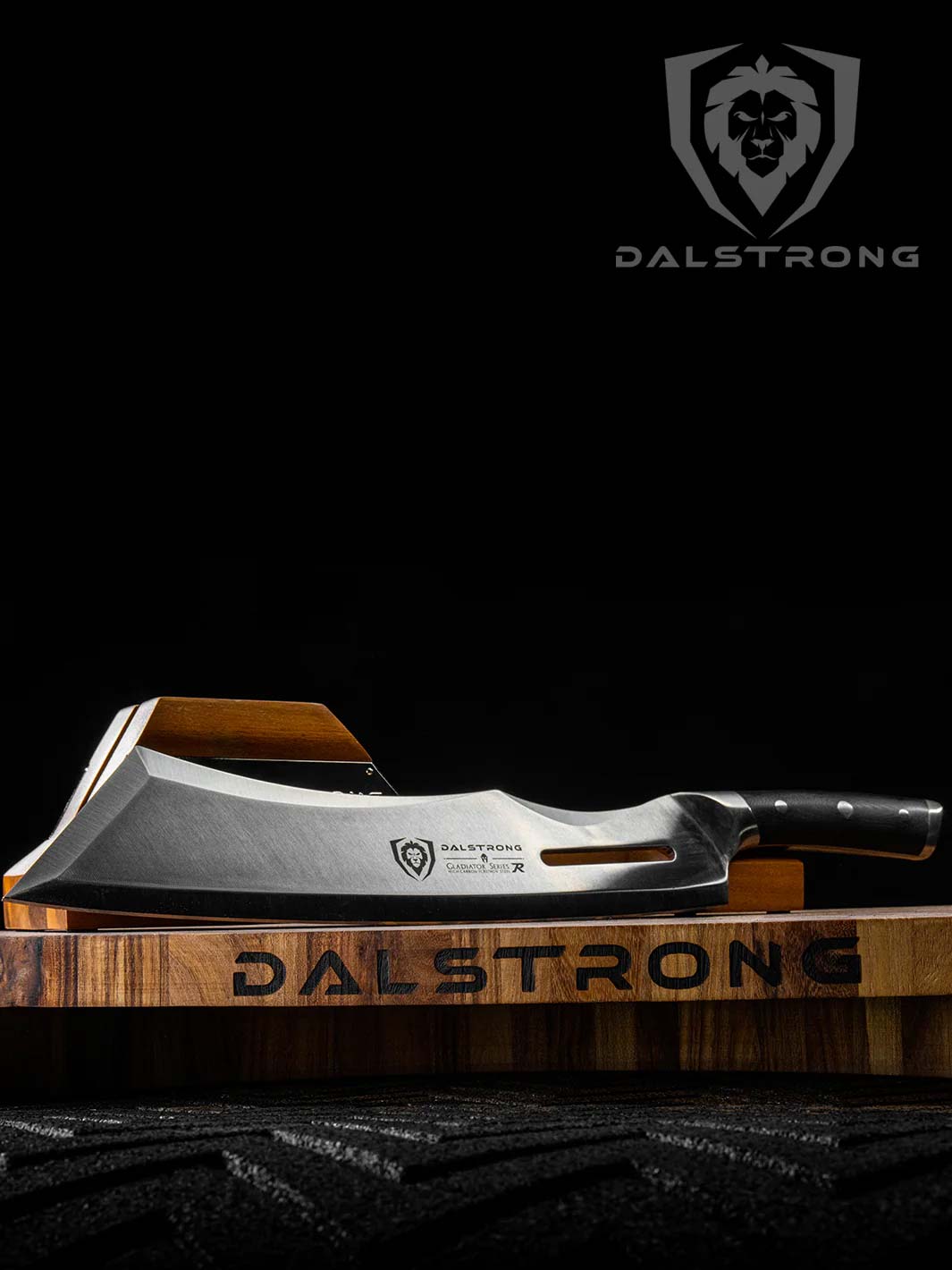 Dalstrong gladiator series 14 inch annihilator cleaver knife with black handle and stand on top of a dalstrong wooden cutting board.