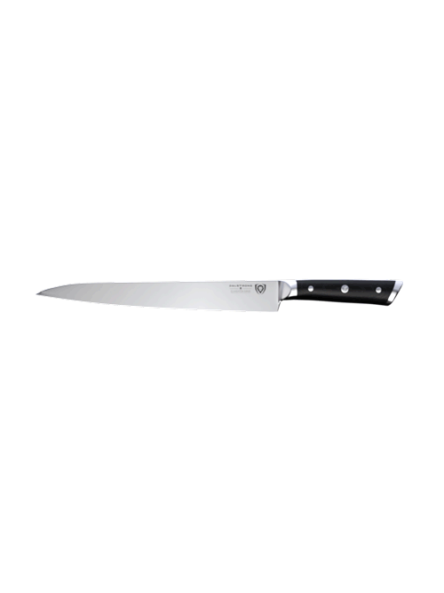 Dalstrong gladiator series 10.5 inch yanagiba knife with black handle in all angles.