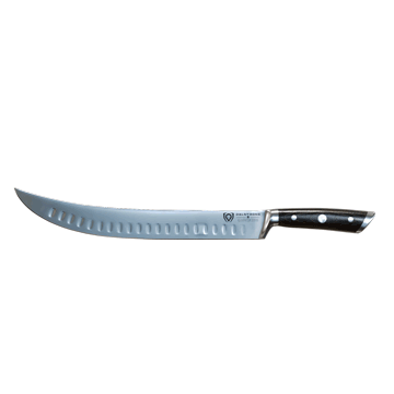 Dalstrong gladiator series 10 inch butcher knife with black handle in all angles.