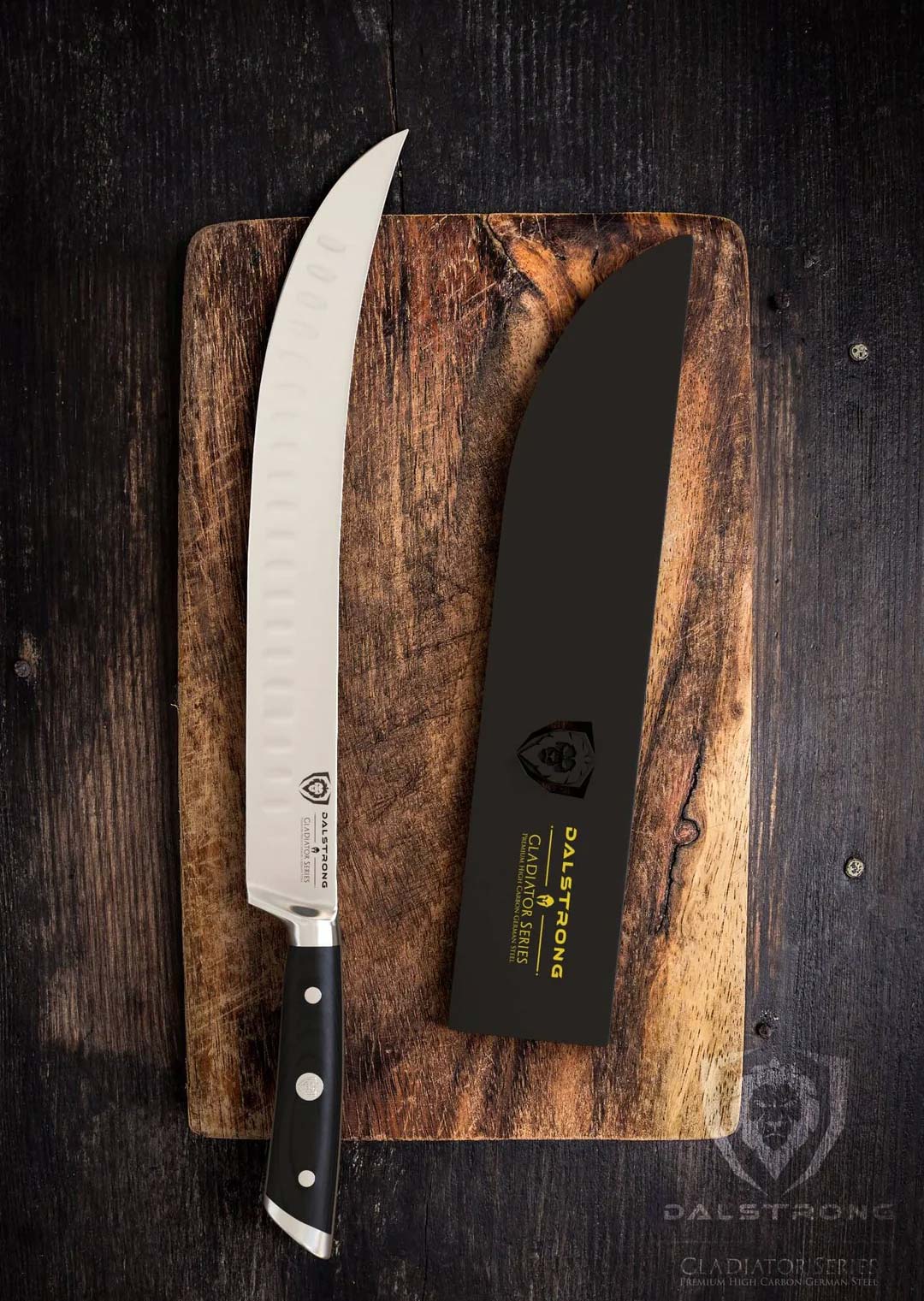 Dalstrong gladiator series 10 inch butcher knife with black handle and sheath on top of a wooden cutting board.