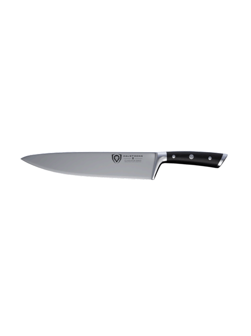 Dalstrong gladiator series 10 inch chef knife with black handle in all angles.
