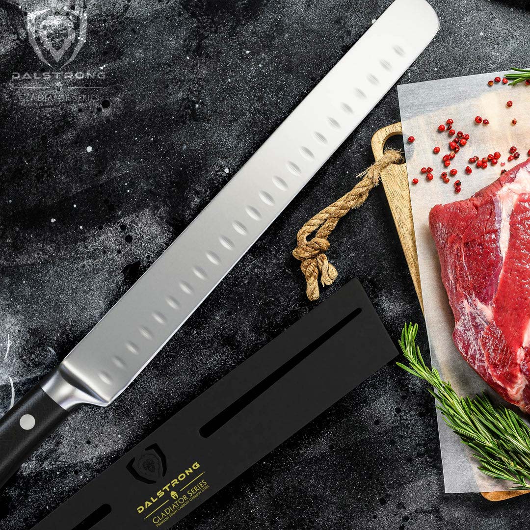 Dalstrong gladiator series 10 inch slicer knife with black handle and sheath beside a large cut of meat.