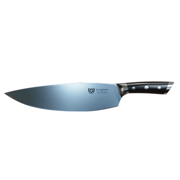 Dalstrong gladiator series 12.5 inch devastator cleaver knife with black handle in all angles.