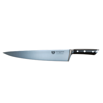 Dalstrong gladiator series 12 inch chef knife with black handle in all angles.