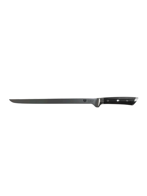 Dalstrong gladiator series 12 inch spanish slicer knife with black handle in all angles.