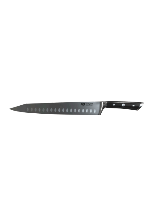 Dalstrong gladiator series 12 inch sujihiki knife with black handle in all angles.