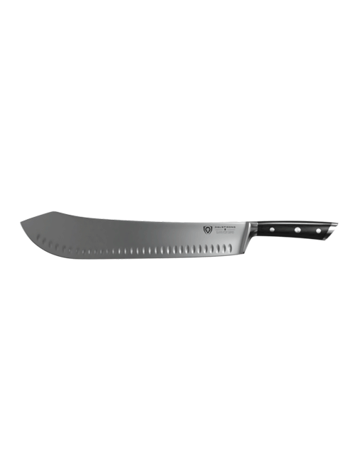 Dalstrong gladiator series 14 inch bull nose butcher knife with black handle in all angles.