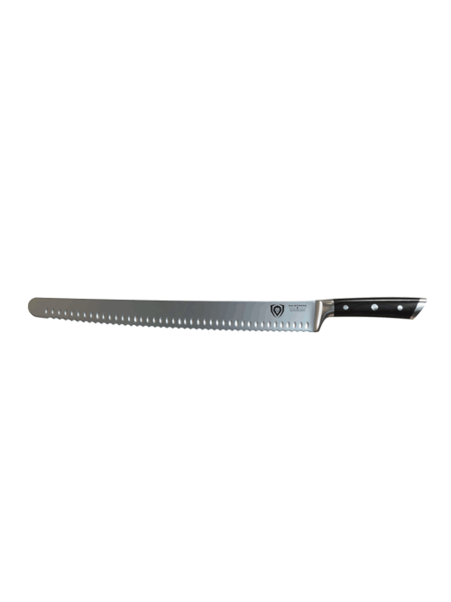 Dalstrong gladiator series 14 inch serrated slicer knife with black handle in all angles.