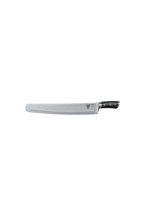 Dalstrong gladiator series 14 inch long slicer knife with black handle in all angles.