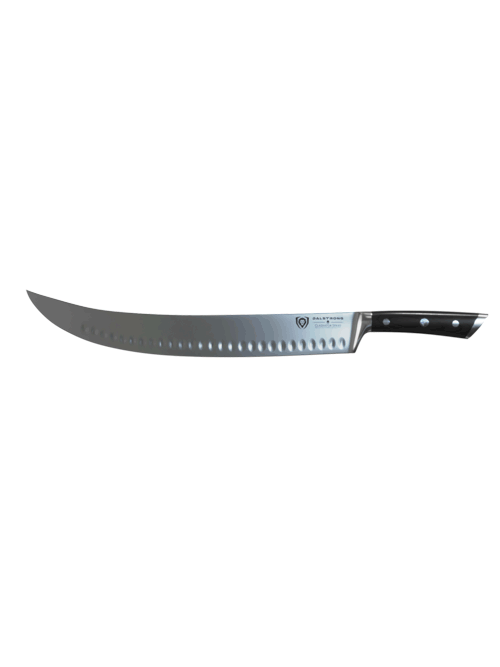 Dalstrong gladiator series 14 inch butcher knife with black handle in all angles.