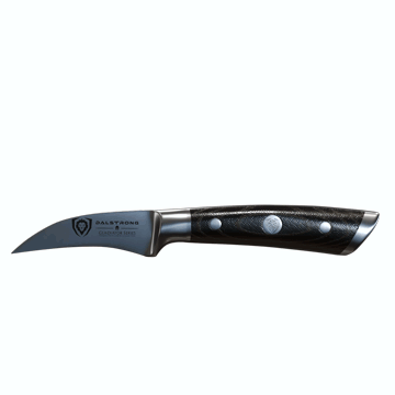 Dalstrong gladiator series 2.7 inch bird's beak paring knife with black handle in all angles.