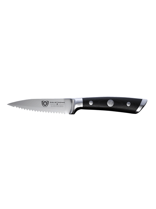 Dalstrong gladiator series 3.75 inch serrated paring knife with black handle in all angles.
