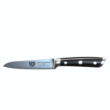 Dalstrong gladiator series 3.5 inch paring knife with black handle in all angles.