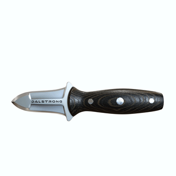 Dalstrong gladiator series 3 inch oyster knife with black handle in all angles.