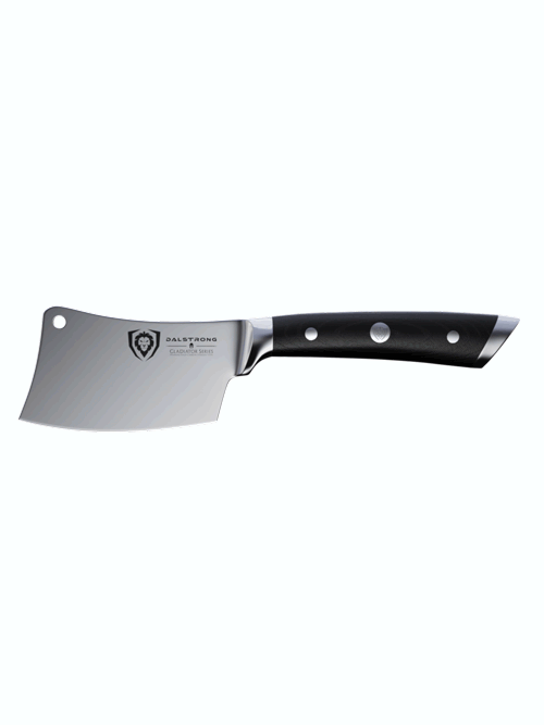 Dalstrong gladiator series 4.5 inch mini cleaver with black handle in all angles.