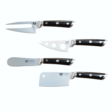 Dalstrong gladiator series 4 piece cheese knife set with black handles in all angles.