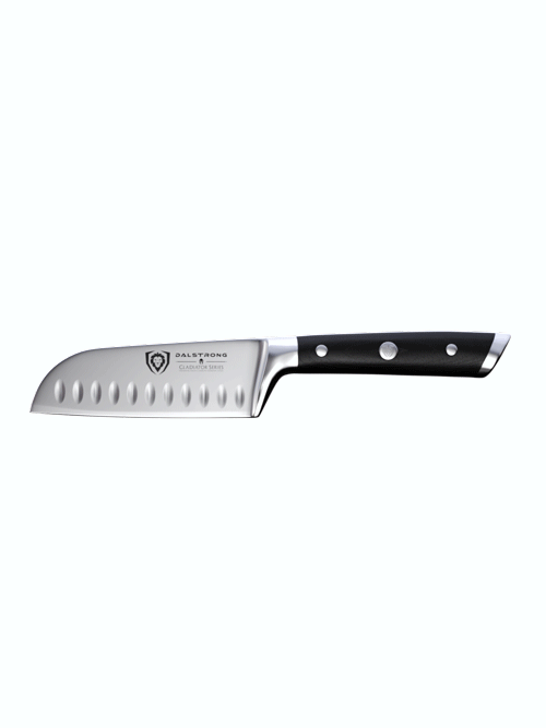 Dalstrong gladiator series 5 inch santoku knife with black handle in all angles.