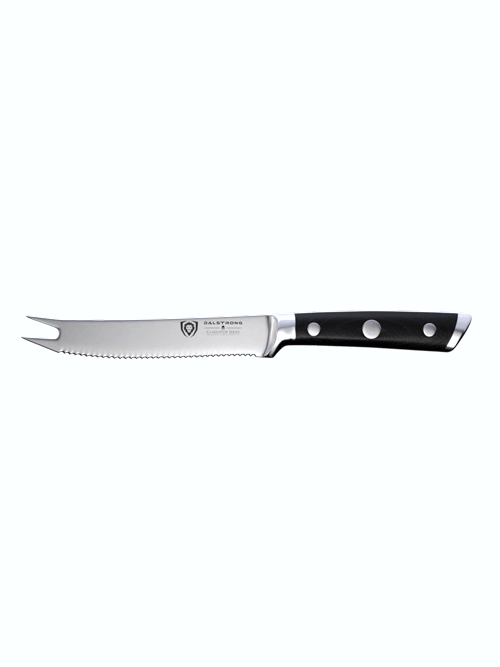 Dalstrong gladiator series 5 inch tomato knife with black handle in all angles.