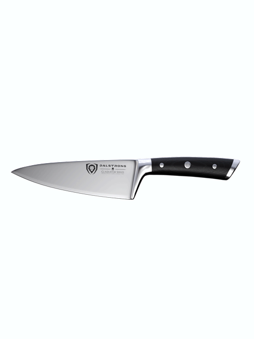 Dalstrong gladiator series 6 inch chef knife with black handle in all angles.