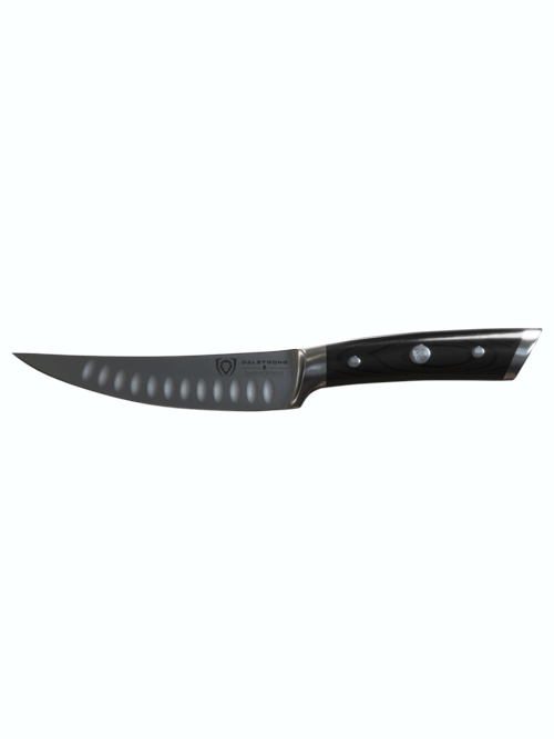 Dalstrong gladiator series 6 inch curved fillet knife with black handle in all angles.