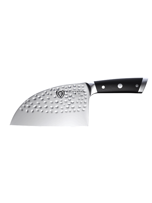 Dalstrong gladiator series 7.5 inch serbian knife with black handle in all angles.