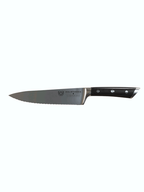 Dalstrong gladiator series 7.5 inch serrated chef knife with black handle in all angles.